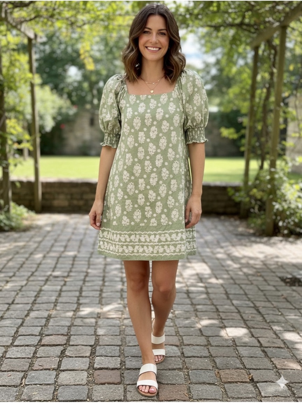 crown & ivy Sage Green block print Floral Puff Sleeve dress